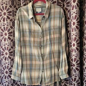American Eagle Outfitters Plaid Button Down Shirt - Blue and Tan